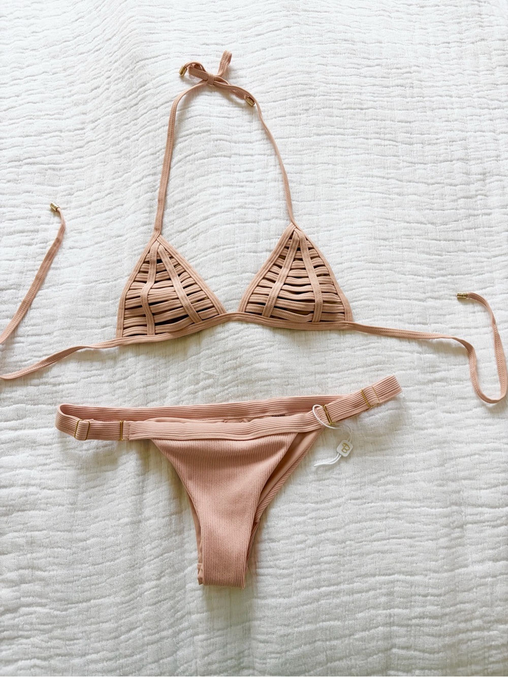 Beach Bunny Ribbed Strappy Triangle Bikini in Dusty Rose and Beige